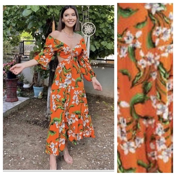NWT. Zara Orange 100% Viscose Cut-Out Printed V-neck Midi Dress. Size S. - Picture 3 of 10